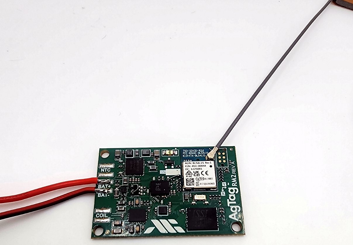 The ARG AgTag wireless livestock-monitoring board — BLE module and sub-GHz antenna, designed and built by ARG